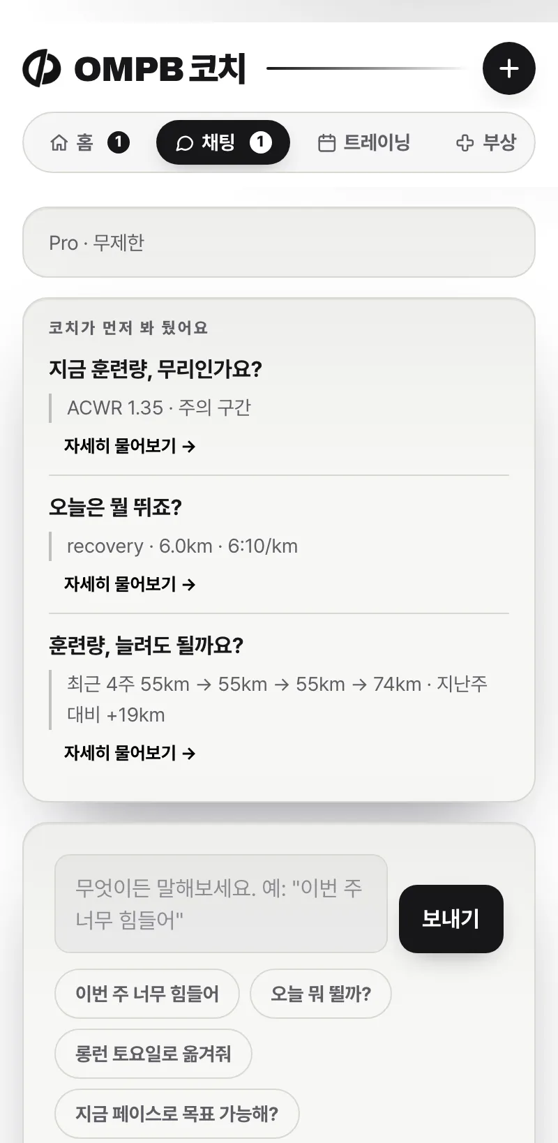 채팅 화면 — 코치가 먼저 봐 둔 항목과 주제 칩