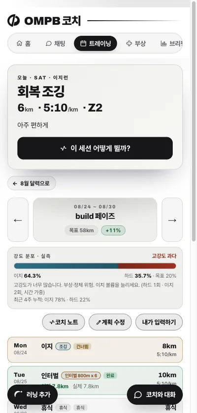 주간 상세 화면 — 코치 노트·계획 수정·내가 입력하기 버튼과 요일별 계획