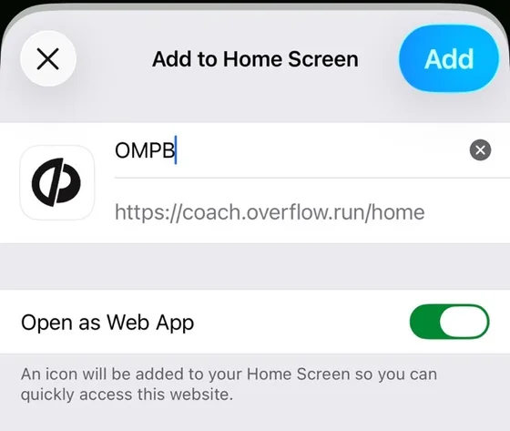 추가 확인 화면 — 이름 OMPB, 주소 coach.overflow.run, Open as Web App 토글이 켜져 있다